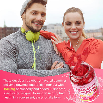 Vegan Cranberry Gummies 1500mg with D Mannose, Strawberry Flavor, 60 Count | Supports Urinary Tract Health for Women & Men, Sugar-free, Non-GMO and Gluten Free