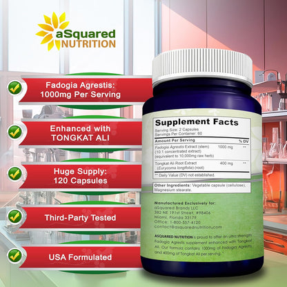 Fadogia Agrestis with Tongkat Ali - 1000mg Per Serving - 120 Capsules | Fadogia Agrestis & Tongkat Ali Extract Supplement - Powder Complex Pills for Men and Women