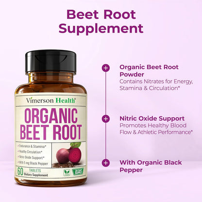 Organic Beetroot Supplement – USDA Organic Beet Root Tablets with Black Pepper for Circulation, Energy & Stamina – Nitric Oxide Support for Pre & Post Workout Performance & Endurance – 20 days supply