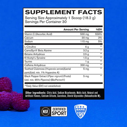 Bare Performance Nutrition BPN Flight Pre Workout, Supports Energy and Mental Focus, Improved Endurance & Muscle Pumps with CarnoSyn® Beta Alanine, Blue Raspberry, 30 Servings