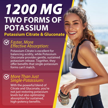 Potassium Citrate and Potassium Gluconate Supplement, 1200mg Two Forms of Potassium Gummies, w/Magnesium, Omega-3, Calcium, Vitamin D3 K2 B12 E B6, Folate for Mṵṣḉḷḙ, Nerves, Health Bones, 120Cts