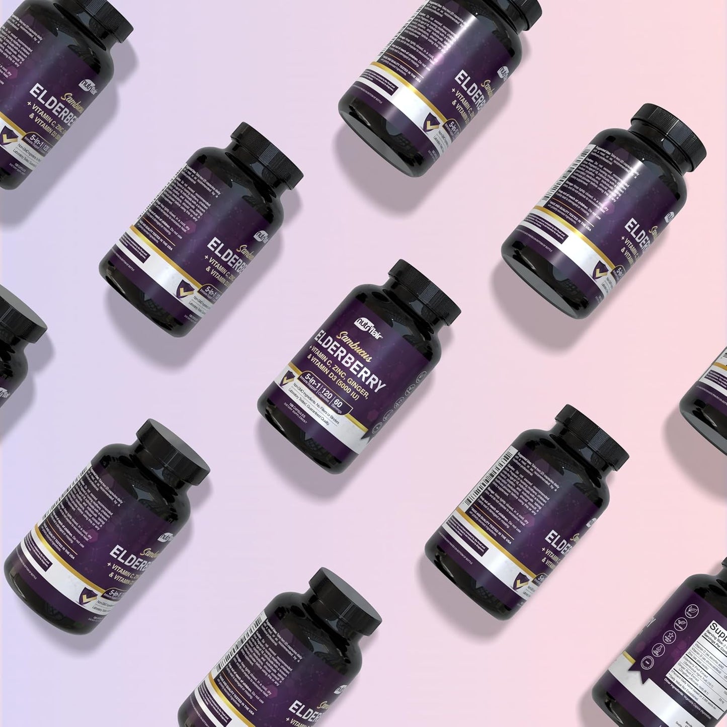 NutriFlair Sambucus Elderberry Capsules, 120 Capsules (2-Month Supply) - Elderberry Extract with Vitamin C, Vitamin D3, Zinc & Ginger - Daily Wellness Support