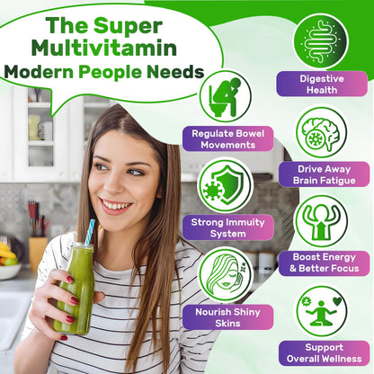 Super Greens Multivitamin Gummies, Greens Superfood Gummies w/Spirulina, Chlorella, Multivitamins, Prebiotic Fiber, Adaptogens, Adults Vitamins for Gut Health, Immunity, Focus & Energy, 120Cts