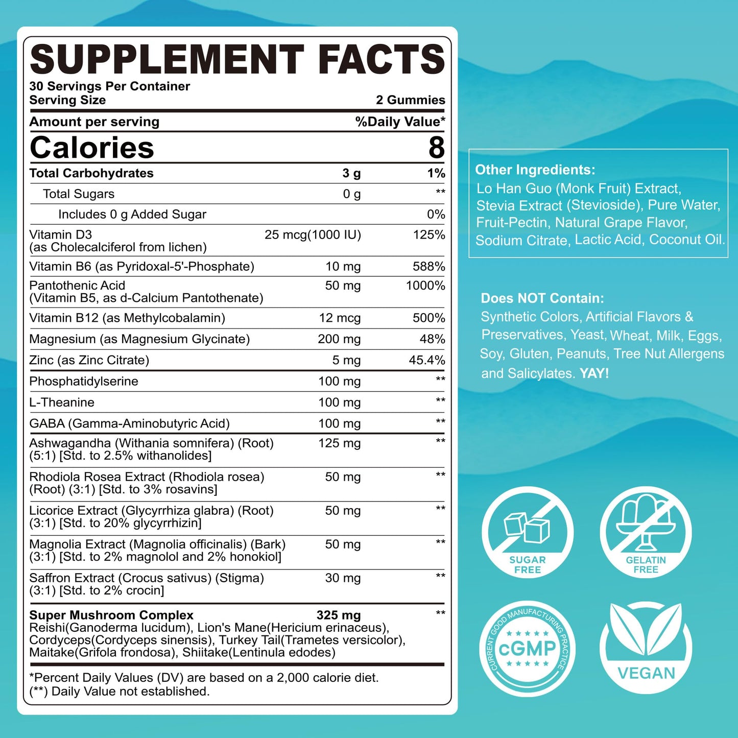 Cortisol Gummies for Women & Men, Sugar Free Cortisol Reducer Supplements w/ Magnesium, Ashwagandha, Mushroom, L-theanine, Rhodiola, Vitamin B6 B12 for Cortisol Detox, Relax, Sleep Support 2 Pack