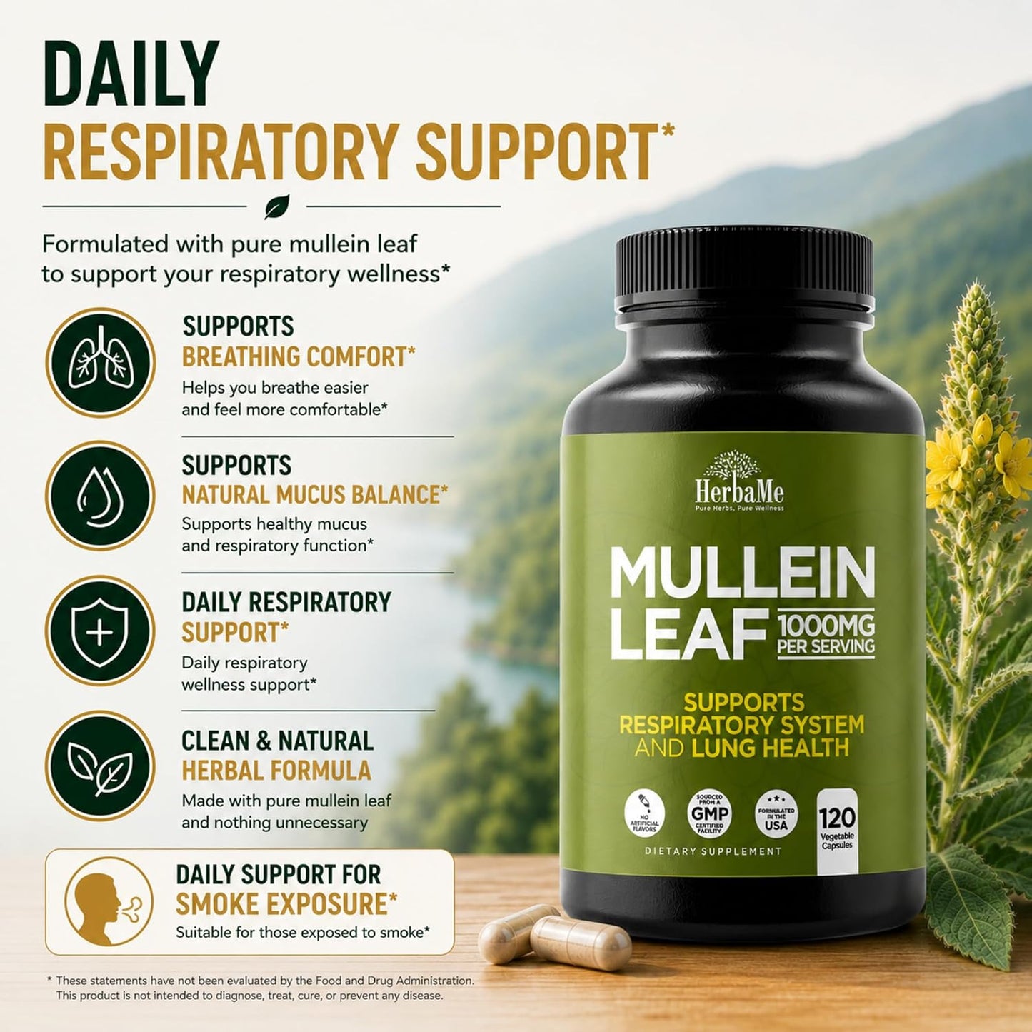HerbaMe Mullein Leaf 1000mg, 120 Capsules - Daily Respiratory Support Supplement, Supports Breathing Comfort & Mucus Balance, Herbal Lung Support for Smokers, Men & Women