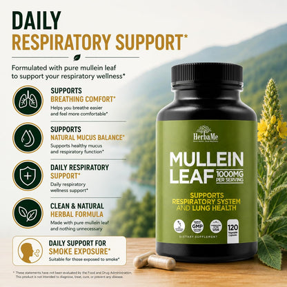 HerbaMe Mullein Leaf 1000mg, 120 Capsules - Daily Respiratory Support Supplement, Supports Breathing Comfort & Mucus Balance, Herbal Lung Support for Smokers, Men & Women