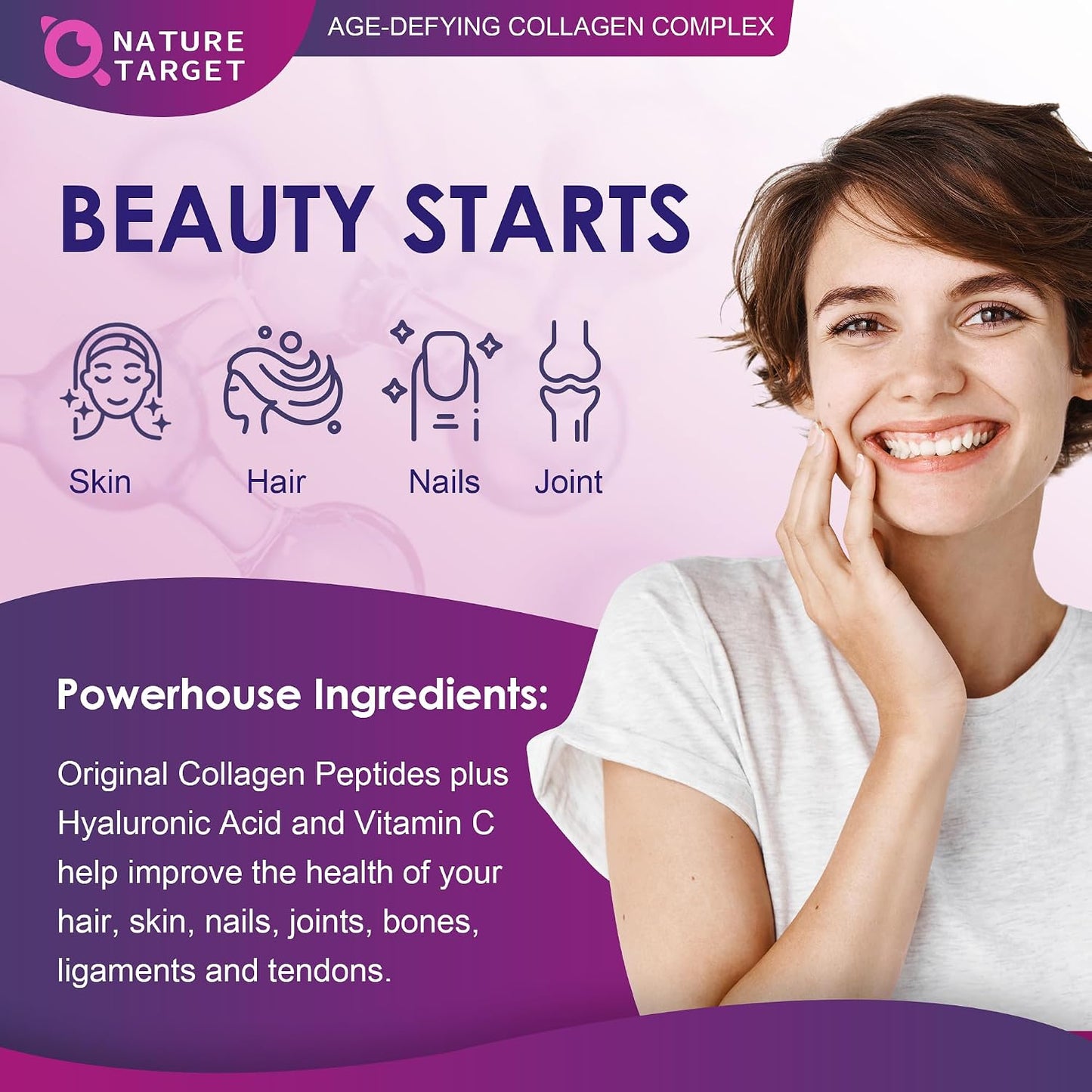 NATURE TARGET Multi Collagen Peptides Powder, 50 Servings | Type I, II, III, V, X, Hydrolyzed Collagen Peptides with Vitamin C, Hyaluronic Acid, Supports Skin Hair Nail & Joint, Non-GMO
