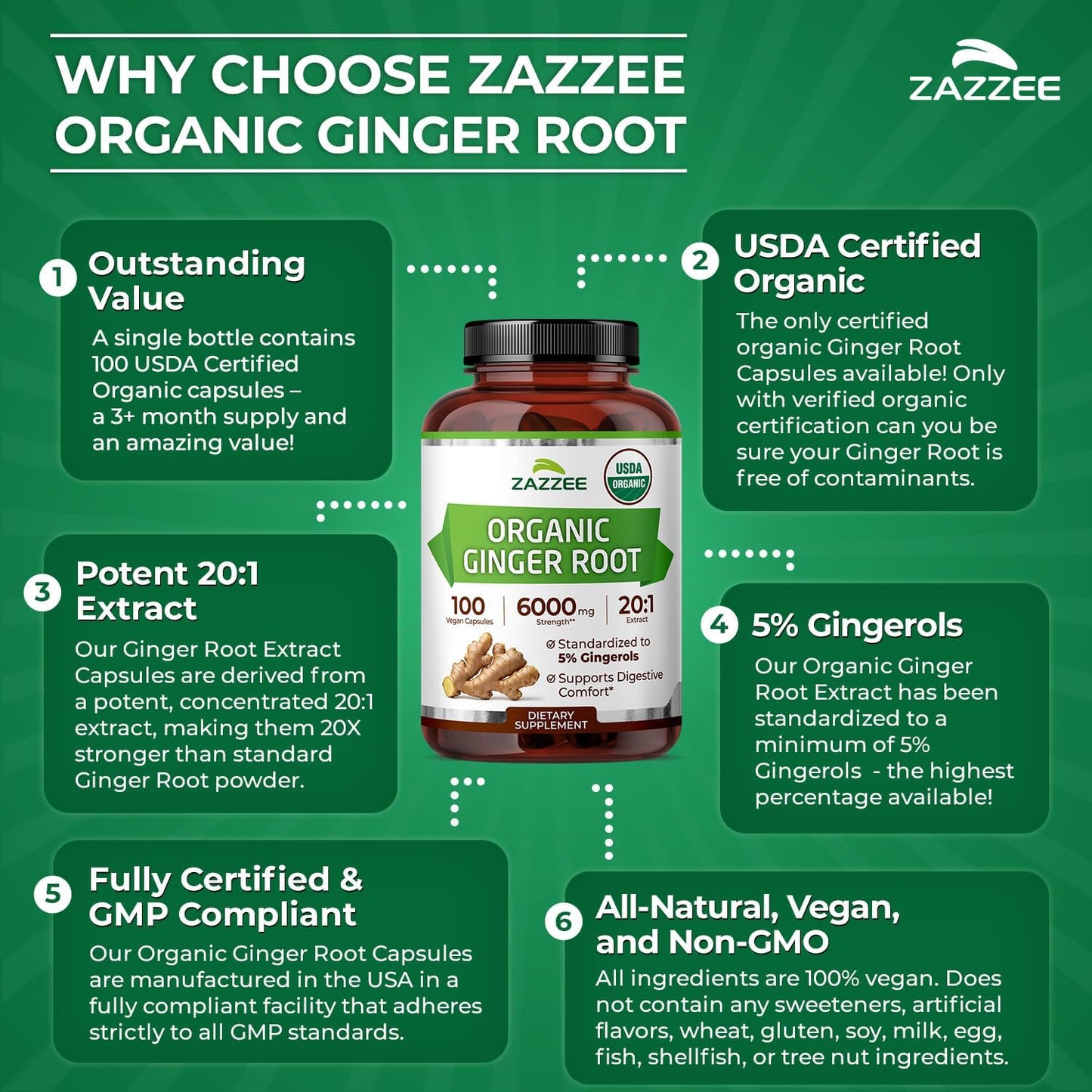 Zazzee USDA Organic Ginger Root 20:1 Extract, 5% Gingerols, 100 Vegan Capsules, 3+ Month Supply, Zingiber Officinale, Digestive & Stomach Support, All-Natural, Non-GMO, Made in the USA