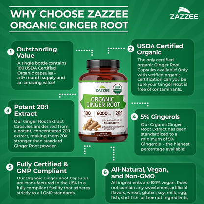 Zazzee USDA Organic Ginger Root 20:1 Extract, 5% Gingerols, 100 Vegan Capsules, 3+ Month Supply, Zingiber Officinale, Digestive & Stomach Support, All-Natural, Non-GMO, Made in the USA