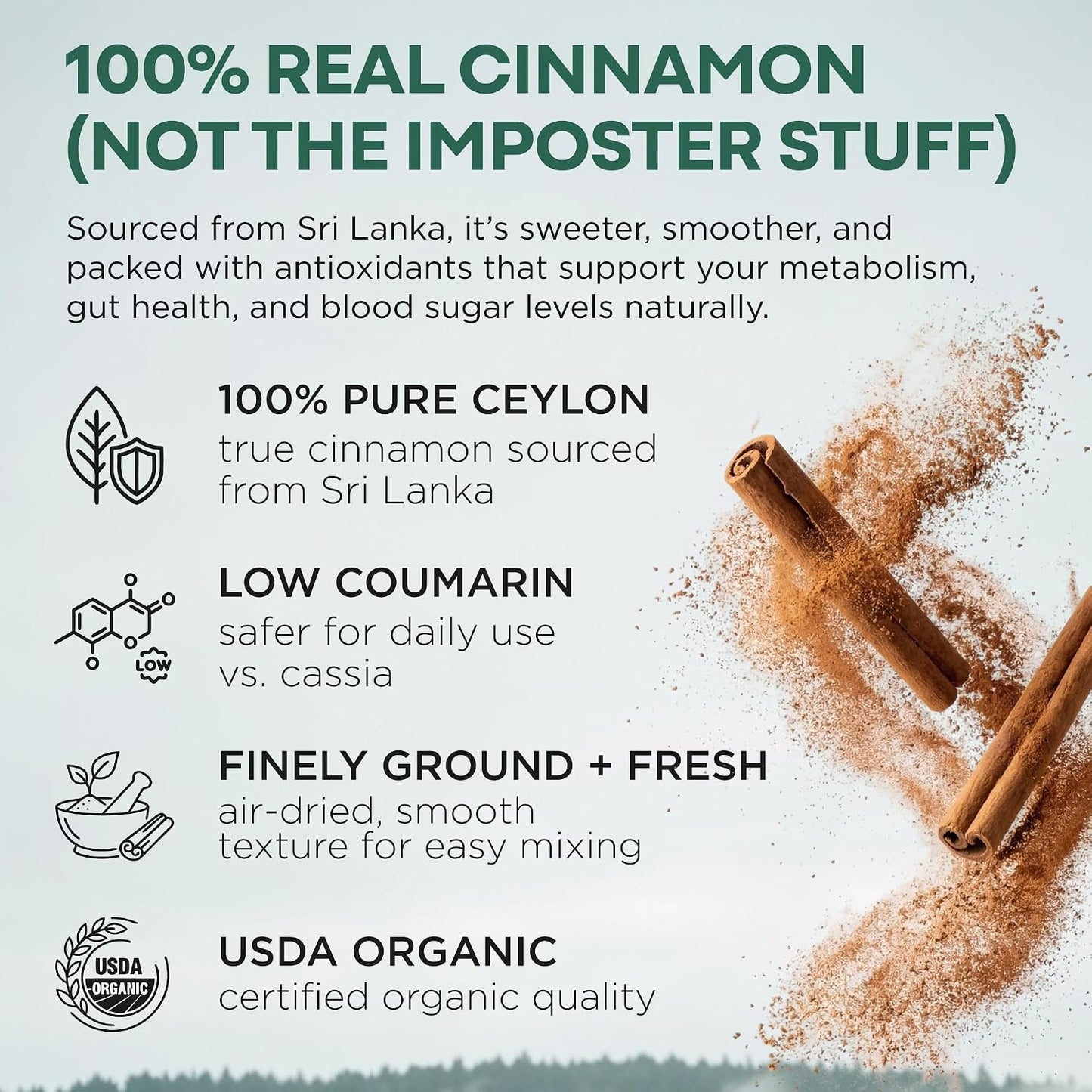 Wild Ceylon Cinnamon Powder - 100% Organic from Sri Lanka - USDA Approved, 16oz Low Coumarin - Aromatic Cinnamon - Ideal for Smoothies, Baking and Coffee - Support Overall Wellness
