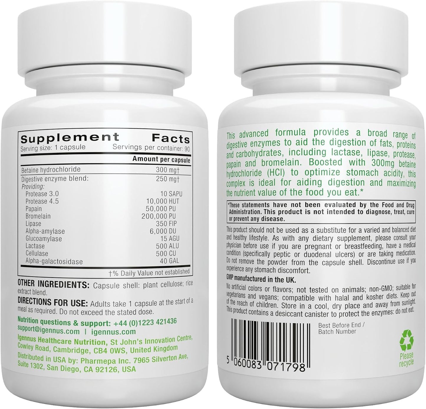 Igennus Fast Action Digestive Enzymes & Betaine HCl, 10 Broad Spectrum Enzymes with Protease, Lipase & Lactase, Papain & Bromelain, Plant-Based Vegan, Clean Label, for Women and Men, 90 Capsules