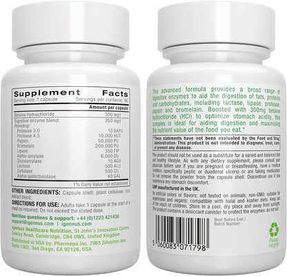 Igennus Fast Action Digestive Enzymes & Betaine HCl, 10 Broad Spectrum Enzymes with Protease, Lipase & Lactase, Papain & Bromelain, Plant-Based Vegan, Clean Label, for Women and Men, 90 Capsules