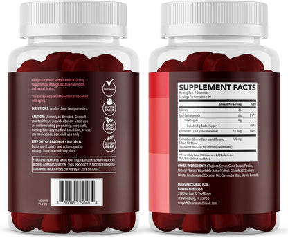 Horny Goat Weed Gummies with Vitamin B12, Raspberry Flavor, 30 Servings | Vegan, Non-GMO Horny Goat Weed Gummies to Support Drive, Vitality and Performance for Men, 60 Count, 1-Month Supply