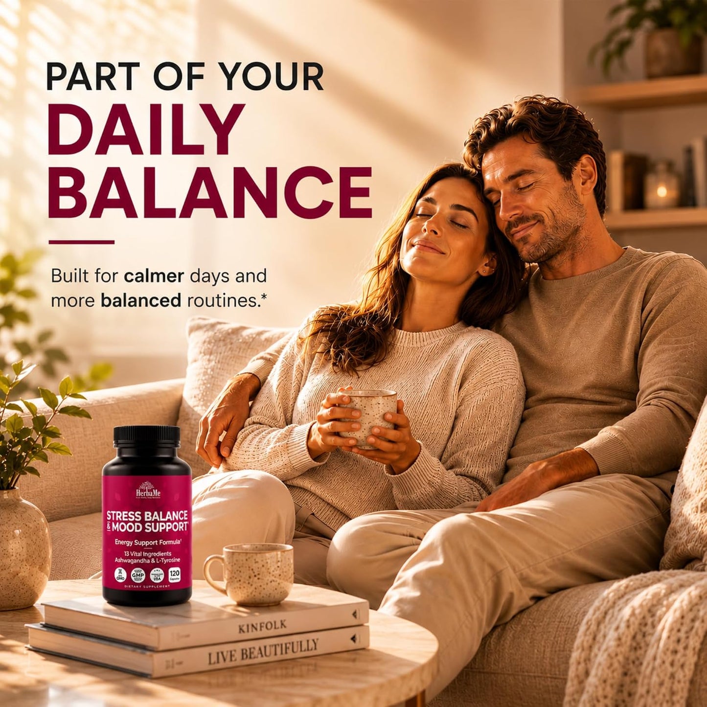 HerbaMe Stress & Mood Support Supplement with Ashwagandha & L-Tyrosine, Energy & Focus Formula, Helps Maintain Balanced Stress Response, 120 Capsules