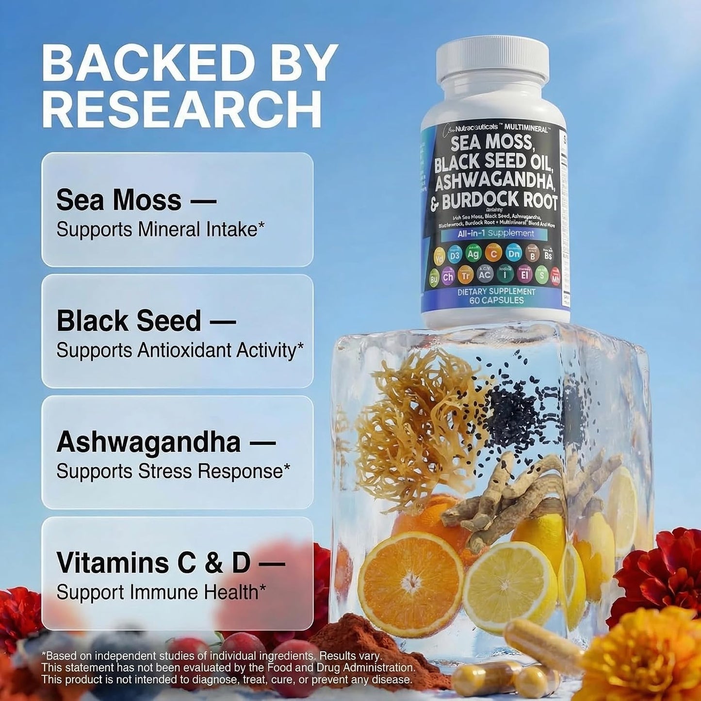Clean Nutraceuticals Sea Moss Black Seed Oil Ashwagandha Turmeric Bladderwrack Burdock & Vitamin C Vitamin D3 with Elderberry Manuka Dandelion Yellow Dock Iodine Chlorophyll ACV