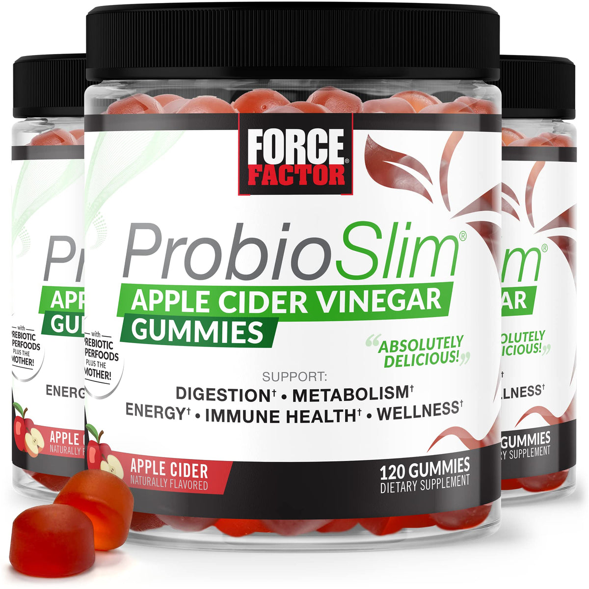 FORCE FACTOR ProbioSlim Apple Cider Vinegar Gummies, 3-Pack, with Organic Apple 