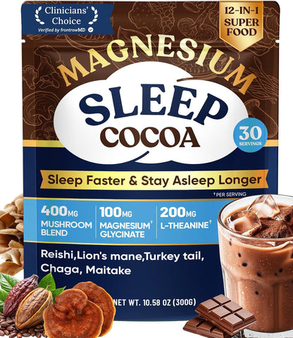 Mushroom Hot Cocoa Powder Natural Sleep Aid with 12 Superfoods, 30 Servings | Magnesium Glycinate, Melatonin 3mg, L-Theanine, Glycine, Lion's Mane, Reishi & Turkey Tail, Moon Bedtime Brew Hot Cocoa Mix