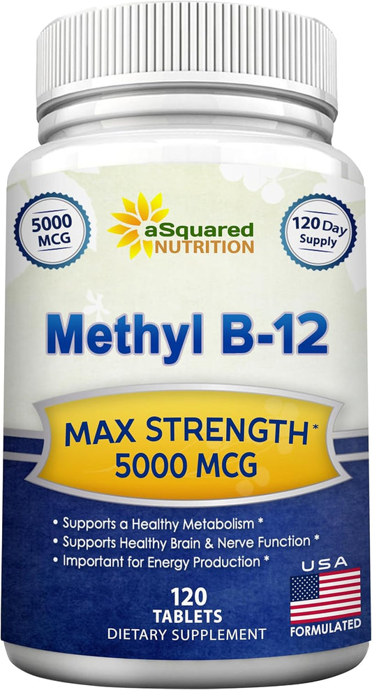 Vitamin B12 - 5000 MCG Supplement with Methylcobalamin (Methyl B-12) - 120 | Max Strength B12 Vitamins - 120 Tablets - Methylated Vit B 12 Support for Men & Women - Help Boost Energy & Brain Health