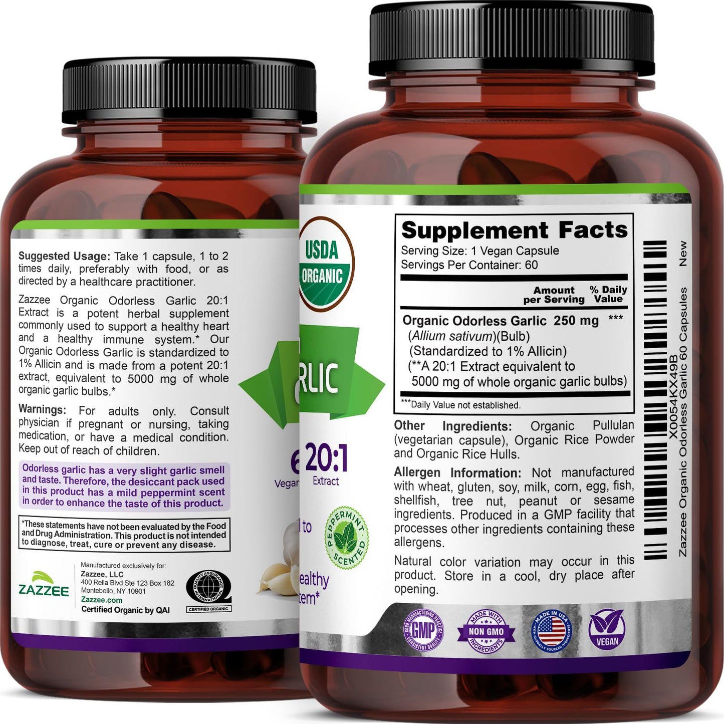 Zazzee USDA Organic Odorless Garlic 20:1 Extract, 1% Allicin, 100 Vegan Capsules, 3+ Month Supply, Allium Sativum, Immune, Circulation & Heart Health Support, All-Natural, Non-GMO, Made in the USA