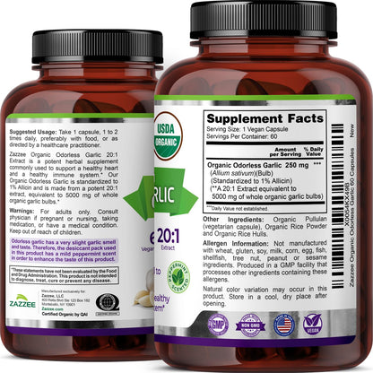 Zazzee USDA Organic Odorless Garlic 20:1 Extract, 1% Allicin, 100 Vegan Capsules, 3+ Month Supply, Allium Sativum, Immune, Circulation & Heart Health Support, All-Natural, Non-GMO, Made in the USA
