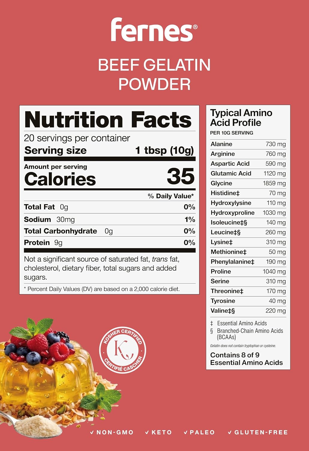 Fernes Beef Gelatin Powder Unflavored - Grass-Fed & Pasture-Raised, 225 Bloom Thickening Agent for Gummies, Marshmallows, Jellies, Desserts & Baking - Keto, Paleo, Non-GMO, Kosher, Gluten-Free, 7 oz