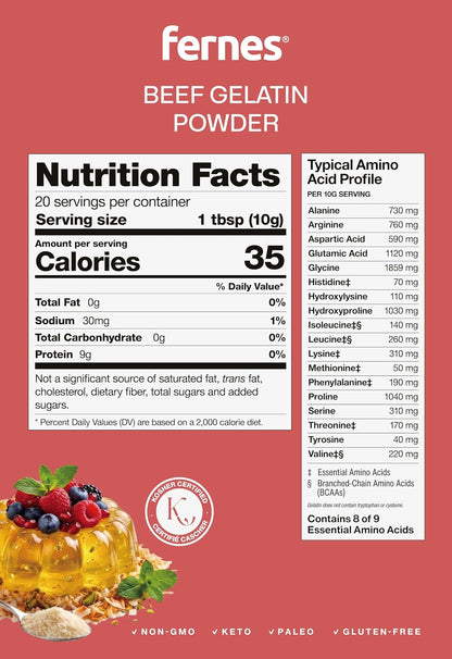 Fernes Beef Gelatin Powder Unflavored - Grass-Fed & Pasture-Raised, 225 Bloom Thickening Agent for Gummies, Marshmallows, Jellies, Desserts & Baking - Keto, Paleo, Non-GMO, Kosher, Gluten-Free, 7 oz