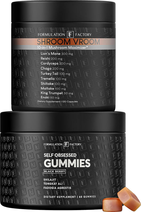 Self Obsessed Shilajit Gummies x Shroom Vroom (Bundle) – Men's Body & Mind Stack: Drive & Vitality Support Plus Cognitive Focus & Immunity with Shilajit, Tongkat Ali & Lion's Mane