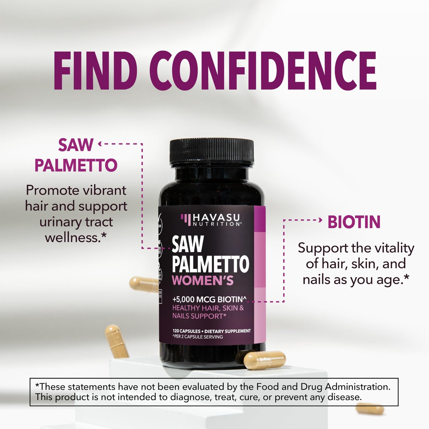 Saw Palmetto for Women with Bitoin 5000mcg Per Serving, 30-Day Supply | Vegan, Non-GMO DHT Blocker for Women for Hair, Skin and Nails, Saw Palmetto Extract with Biotin for Thicker Looking Hair