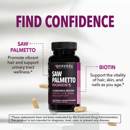 Saw Palmetto for Women with Bitoin 5000mcg Per Serving, 30-Day Supply | Vegan, Non-GMO DHT Blocker for Women for Hair, Skin and Nails, Saw Palmetto Extract with Biotin for Thicker Looking Hair