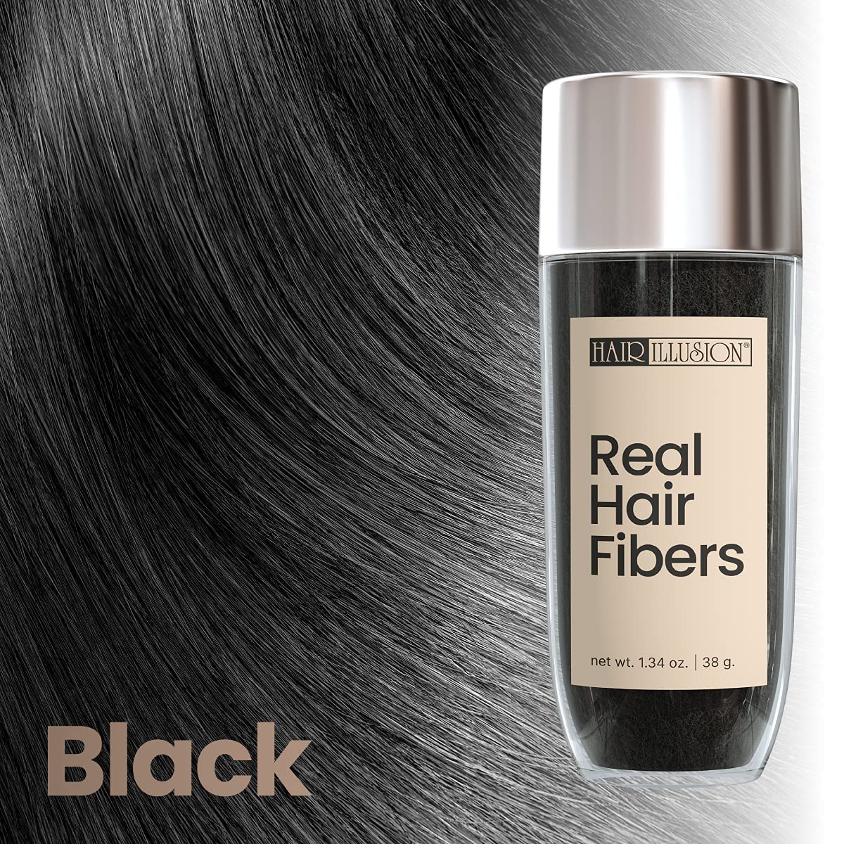 Hair Illusion 100% Natural Human Hair Fibers Not Synthetic for Men and Women, Premium Hair Building Formulation, Large, 38 g Bottle, Jet Black