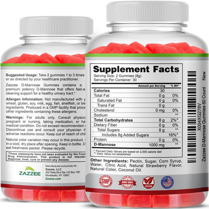 Zazzee D-Mannose, 1000 mg per Serving, 180 Vegan Capsules, 3 Month Supply, Potent & Fast-Acting, Certified Kosher, 100% Pure, All-Natural Urinary Tract Health Support, 100% Vegetarian, Non-GMO