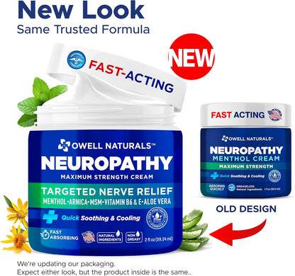 Owell Naturals Neuropathy Cream Extra Strength – Fast Absorbing Cooling for Leg, Feet & Hands – Advanced Soothing Formula with Aloe Vera, Arnica, MSM & Vitamin B6 – Made in USA, 2 fl oz
