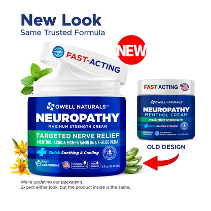 Owell Naturals Neuropathy Cream Extra Strength – Fast Absorbing Cooling for Leg, Feet & Hands – Advanced Soothing Formula with Aloe Vera, Arnica, MSM & Vitamin B6 – Made in USA, 2 fl oz