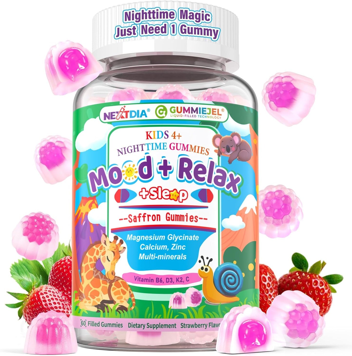 Kids 4+ Magnesium + Saffron Sleep Gummies, Relax Happy Filled Gummy, Bedtime Calcium Zinc, Mineral + Multivitamin Gummies, Melatonin Free | Vitamin D3 K2 | Bone, Only Need 1 Gummy - Sweet Dream Magic