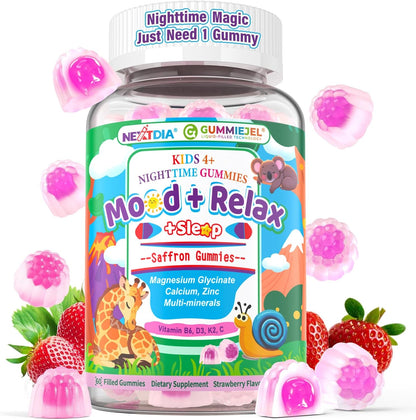 Kids 4+ Magnesium + Saffron Sleep Gummies, Relax Happy Filled Gummy, Bedtime Calcium Zinc, Mineral + Multivitamin Gummies, Melatonin Free | Vitamin D3 K2 | Bone, Only Need 1 Gummy - Sweet Dream Magic