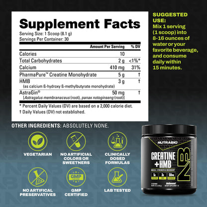 NutraBio Creatine + HMB- Creatine Monohydrate with HMB Powder for Muscle Growth, Increased Strength- 30 Servings (Unflavored)