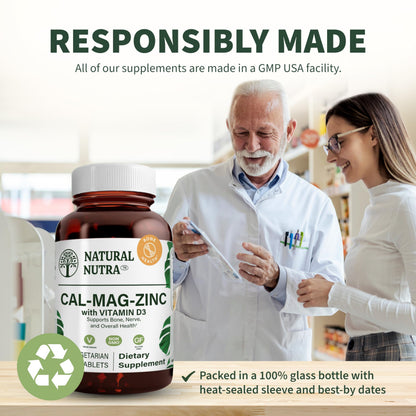 Natural Nutra Calcium Magnesium Zinc (Cal-Mag Zinc) with Vitamin D3,100 | Bone, Teeth, Muscle & Nerve Support, Gluten Free, Sugar Free