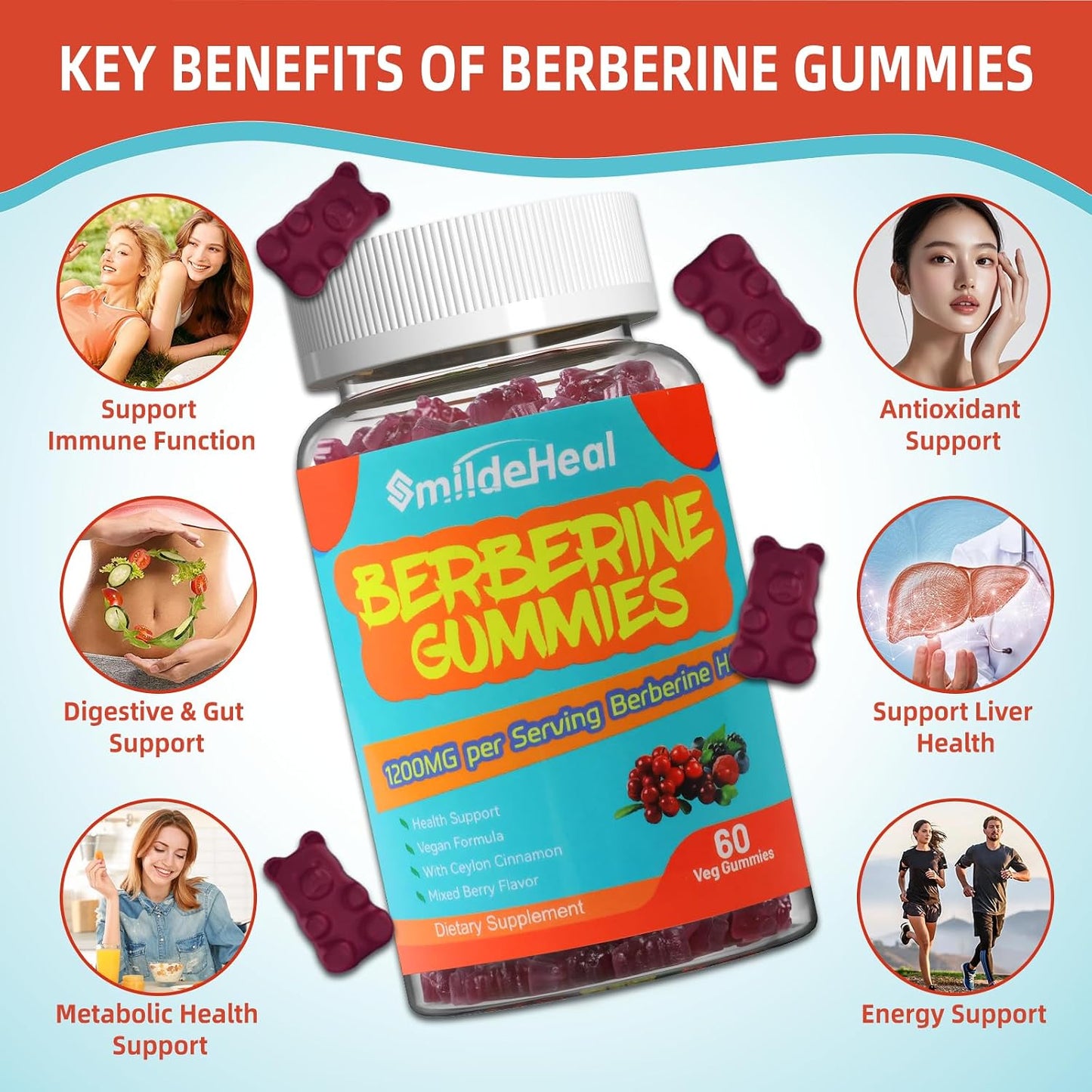 Berberine Gummies 1200mg with Ceylon Cinnamon 200mg, Milk Thistle Extract & Turmeric, Vegan Berry Flavor, Non-GMO, Gelatin-Free, Gluten-Free, 60 Count