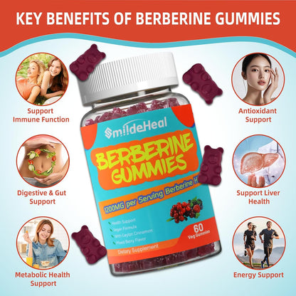 Berberine Gummies 1200mg with Ceylon Cinnamon 200mg, Milk Thistle Extract & Turmeric, Vegan Berry Flavor, Non-GMO, Gelatin-Free, Gluten-Free, 60 Count