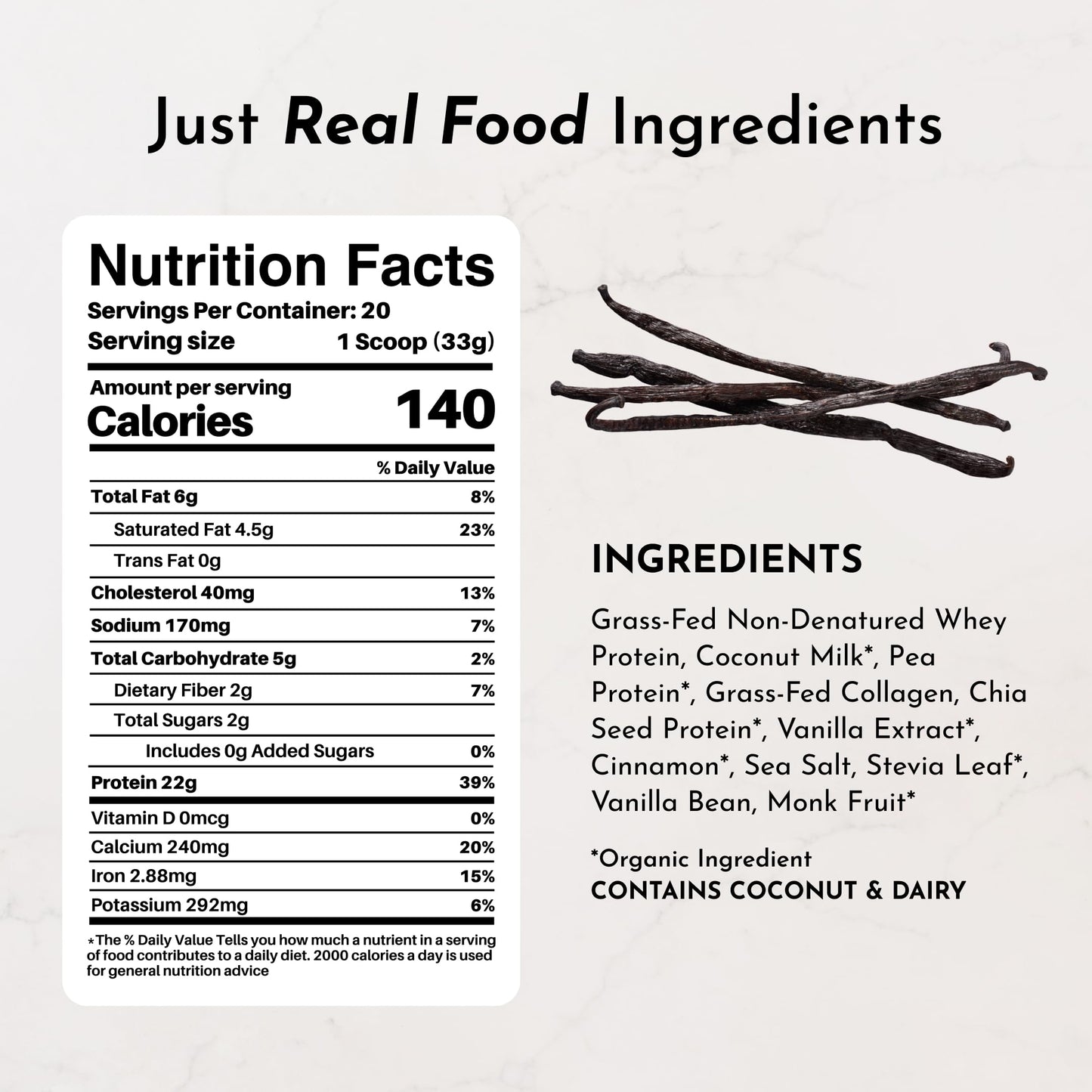 JUST INGREDIENTS Vanilla Bean Protein Powder – 20-Serving Blend with 100% Grass-Fed Whey & Organic Plant Proteins – Real Vanilla Bean & Cinnamon – Supports Muscle Recovery, Energy*