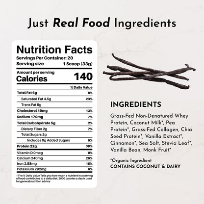JUST INGREDIENTS Vanilla Bean Protein Powder – 20-Serving Blend with 100% Grass-Fed Whey & Organic Plant Proteins – Real Vanilla Bean & Cinnamon – Supports Muscle Recovery, Energy*