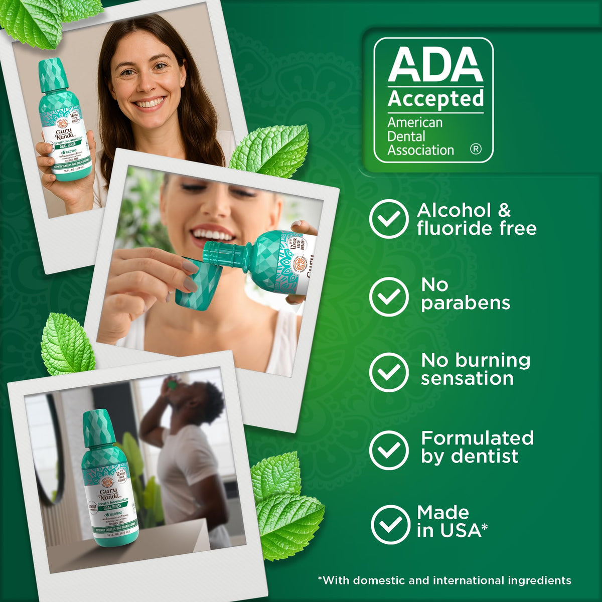 GuruNanda Fresh Breath Mouthwash – 12-Hour Fresh Breath & Helps Fight Bad Breath – ADA Accepted, Alcohol & Fluoride-Free Oral Rinse, Wild Mint - 16 oz, Pack of 2