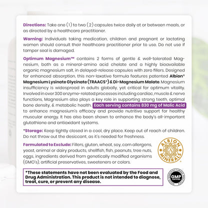 Magnesium Lysinate Glycinate & Magnesium Malate, Made in USA | 4 Month Supply | Chelated for Maximum Absorption, Supports Bone Health & Energy, Non-GMO, 240 Count