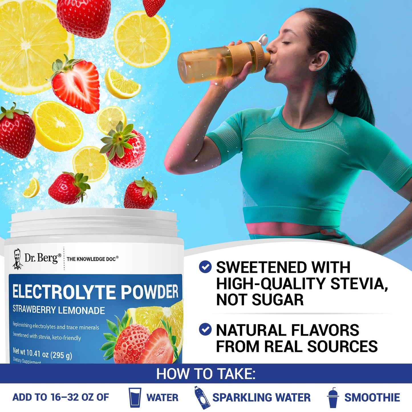 Dr. Berg Zero Sugar Hydration Keto Electrolyte Powder - Enhanced w/ 1000 mg of Potassium & Real Pink Himalayan Salt (NOT Table Salt) - Raspberry & Lemon Flavor Hydration Drink Supplement, 100 Servings