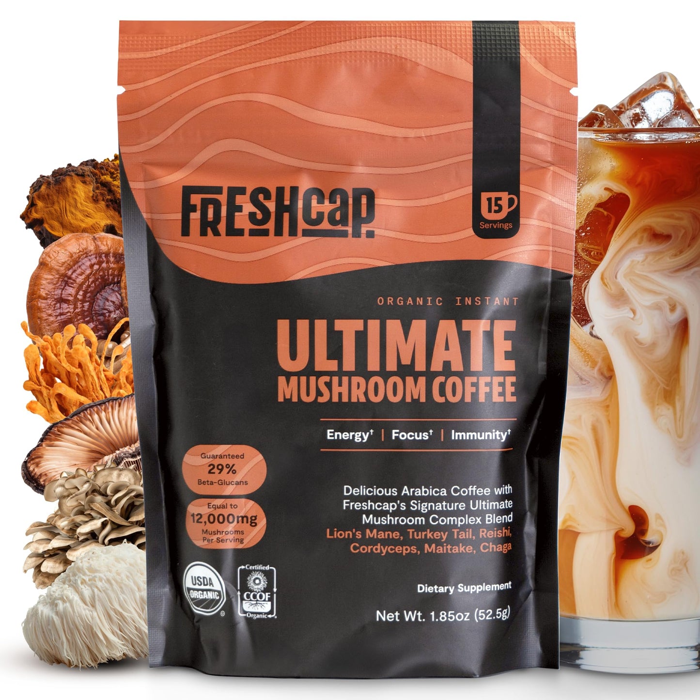 Premium Organic Mushroom Coffee – 12:1 Fruiting Body Extract – 29% Beta-Glucans – Smooth Tasting, 3rd-Party Tested for Clean Energy, No Jitters, Focus, Immune Support (15 Servings)