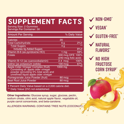 Organic Apple Cider Vinegar Gummies (60 Ct.) | Weight, Digestion, Detox, Immunity & Diet Support