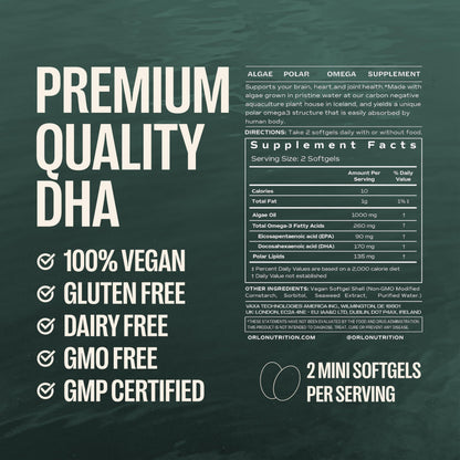 ORLO Prenatal DHA Supplement 1000mg - Mercury & Heavy Metals Free Algae Oil - Icelandic Nordic Omega-3, Mom & Baby Brain Development, No Fishy Aftertaste, 120 Vegan Easy-to-Swallow Mini Softgels & Jar