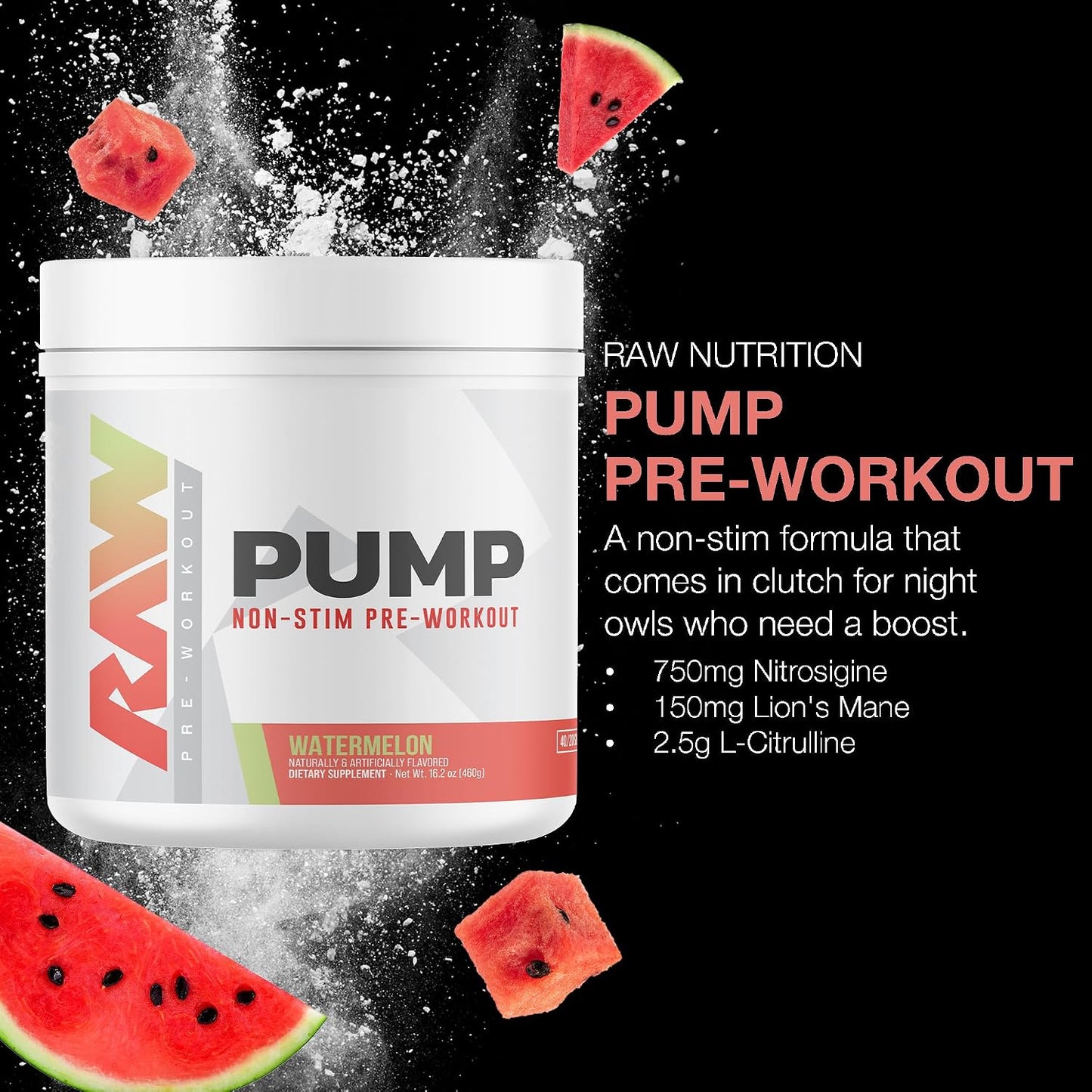 RAW Pump Stim Free Pre Workout (Watermelon) - Non-Stimulant Pre Workout Supplement Powder Nitric Oxide Booster - Pre Workout Supplements Drink for During Workout - 40 Servings