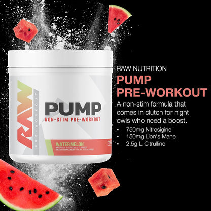 RAW Pump Stim Free Pre Workout (Watermelon) - Non-Stimulant Pre Workout Supplement Powder Nitric Oxide Booster - Pre Workout Supplements Drink for During Workout - 40 Servings