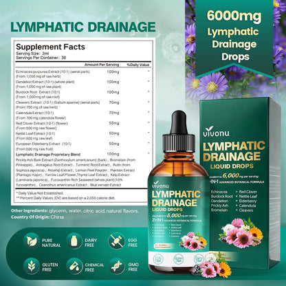 VivoNu 21-in-1 Liposomal Lymphatic Drainage Drops – Advanced Herbal Detox & Immune Booster with Echinacea, Burdock Root, Elderberry & Seaweed Extract – 6000mg High Potency, 2 fl oz